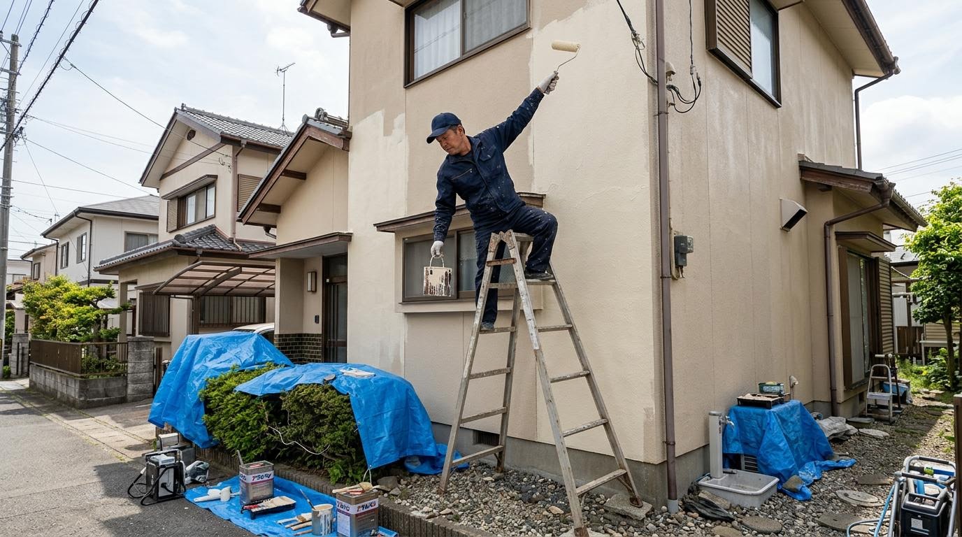 外壁塗装DIYの高所作業リスク 脚立を使って高所で外壁塗装DIYをしている危険な作業イメージ