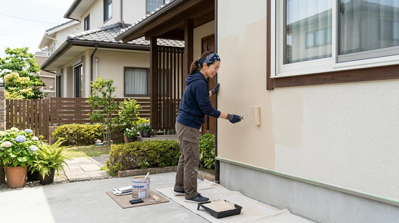 DIYしやすい外壁塗装の範囲 1階部分の外壁を手が届く範囲でDIY塗装している様子
