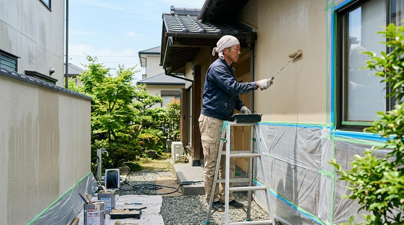 外壁塗装DIYの作業手順イメージ 養生した住宅外壁にローラーで塗装しているDIY作業の様子
