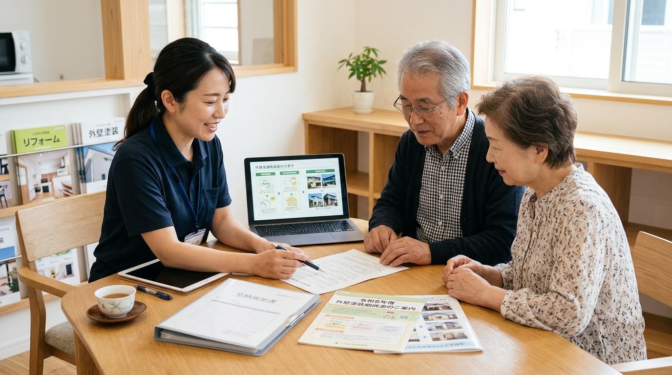 外壁塗装助成金の相談シーン スタッフとお客様が外壁塗装の助成金について相談している様子