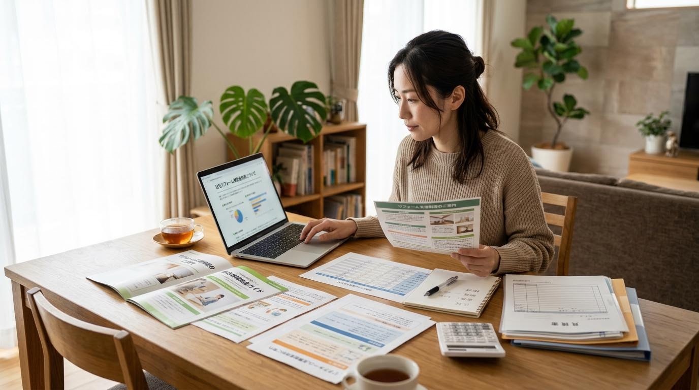 助成金・補助制度の情報収集イメージ 住宅リフォームの補助制度の資料を確認している様子