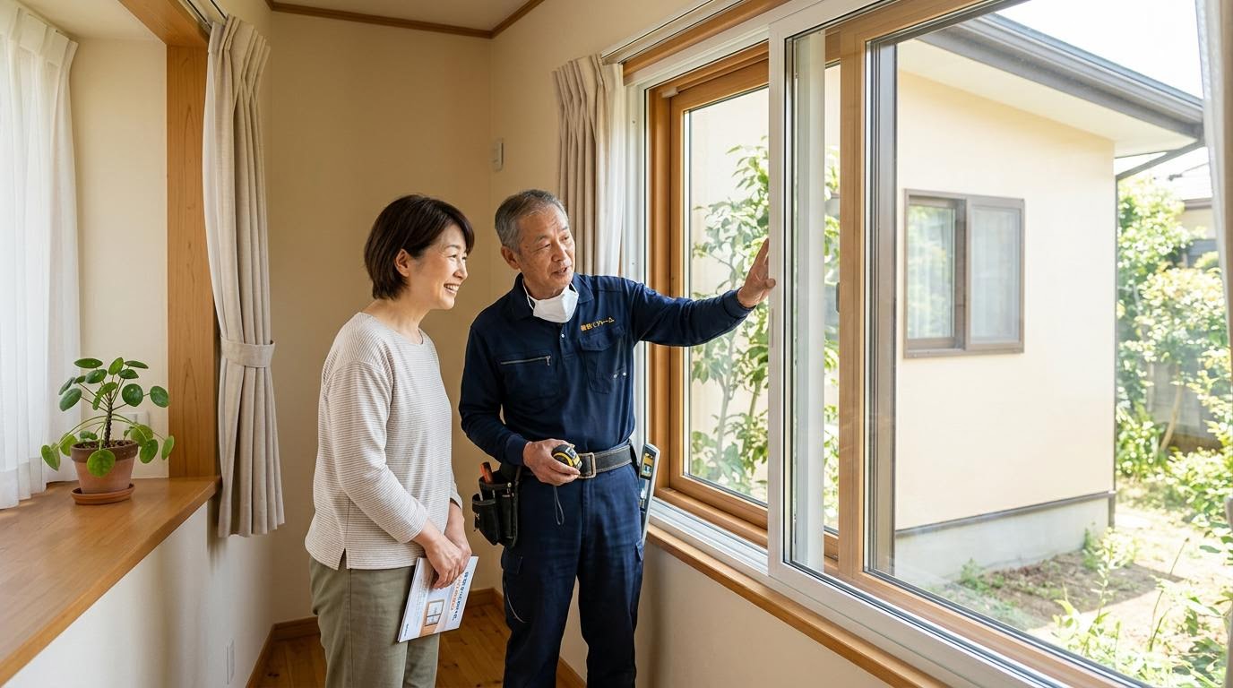 断熱改修との組み合わせイメージ 窓の断熱改修について確認しているスタッフとお客様