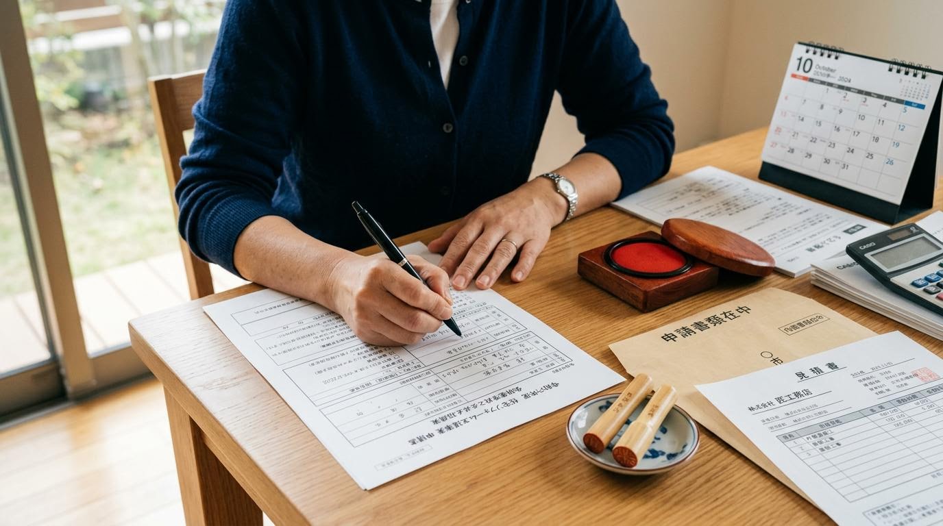 助成金の申請手続きイメージ 助成金の申請書類に記入している手元