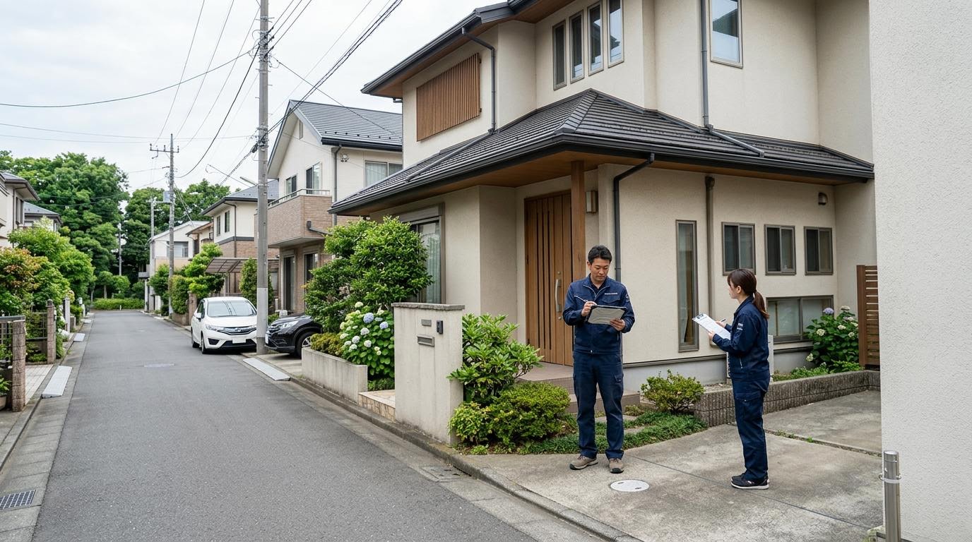 アフター点検・保証体制のイメージ 住宅の外壁をチェックリストで点検しているスタッフの様子