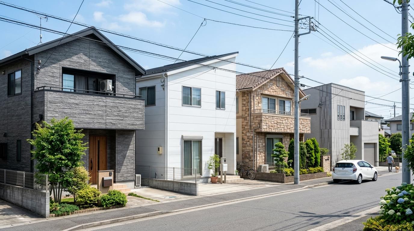 外壁材7種類の見た目の違い 質感の異なる外壁材を使用した戸建て住宅が並ぶ住宅街の様子