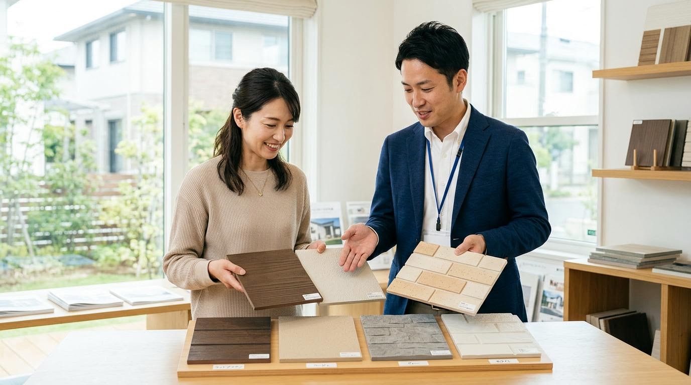 外壁材の比較検討シーン 外壁材のサンプルボードを手に取って比較検討している様子