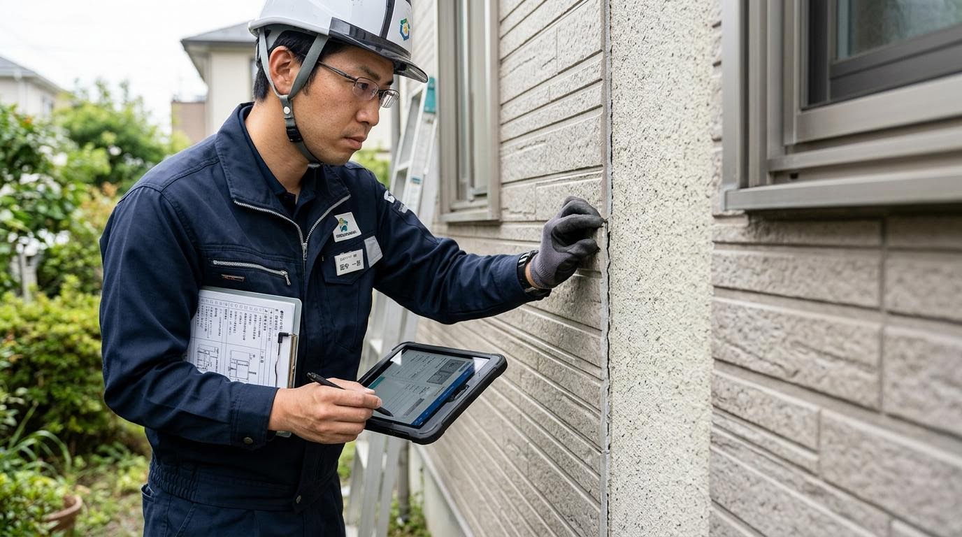 外壁材ごとの塗装の違いを確認するイメージ 外壁材の表面を近くで点検しているスタッフの様子