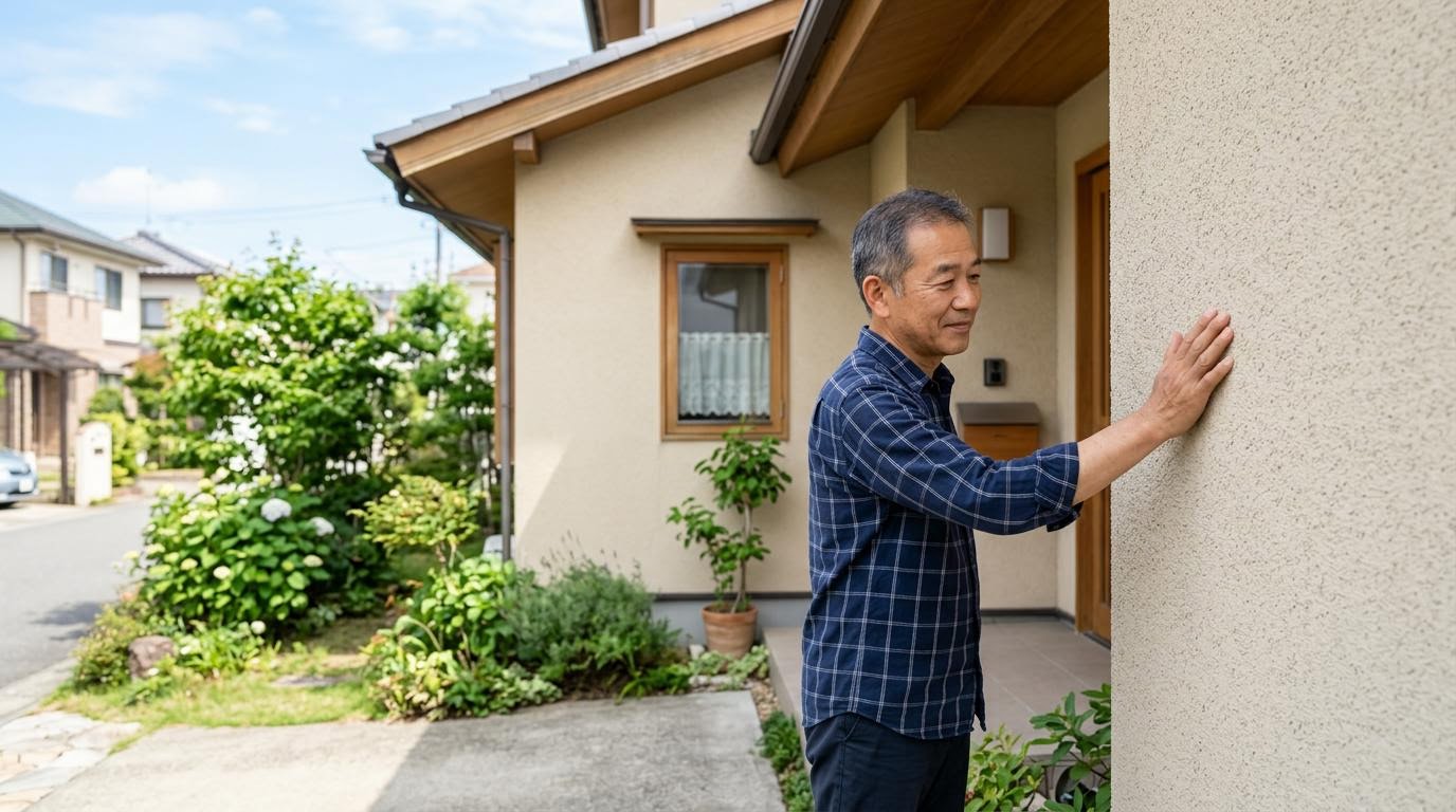 自宅の外壁材の見分け方イメージ 住宅所有者が自宅の外壁を手で触って確認している様子