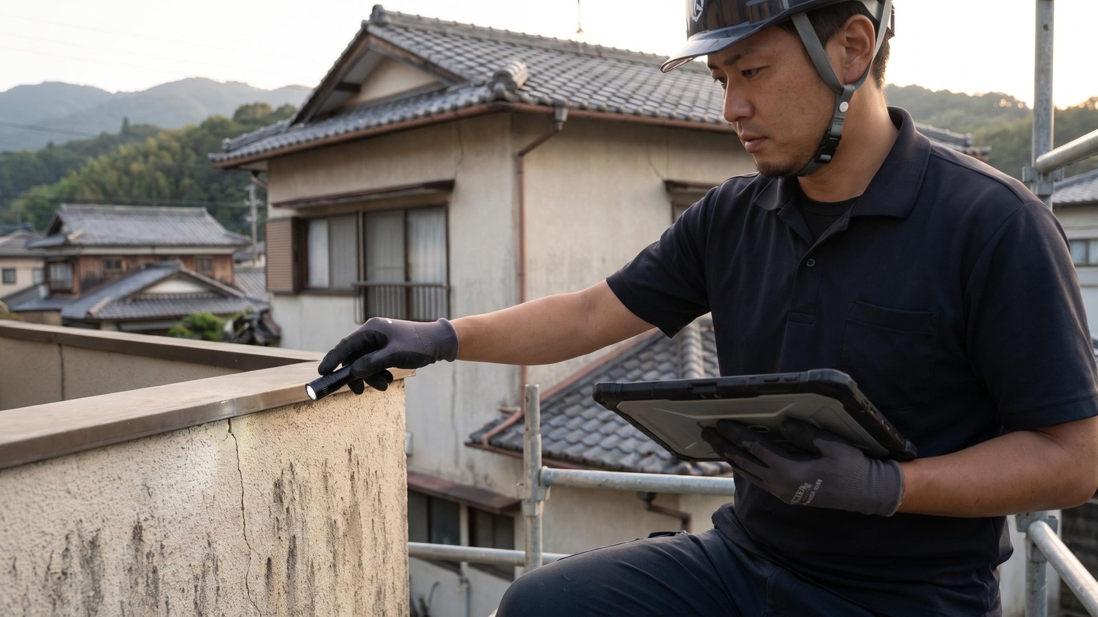 外壁塗装 地域点検実績 町田市 相模原市 町田市・相模原市エリアでタブレットを使い外壁を点検するスタッフ