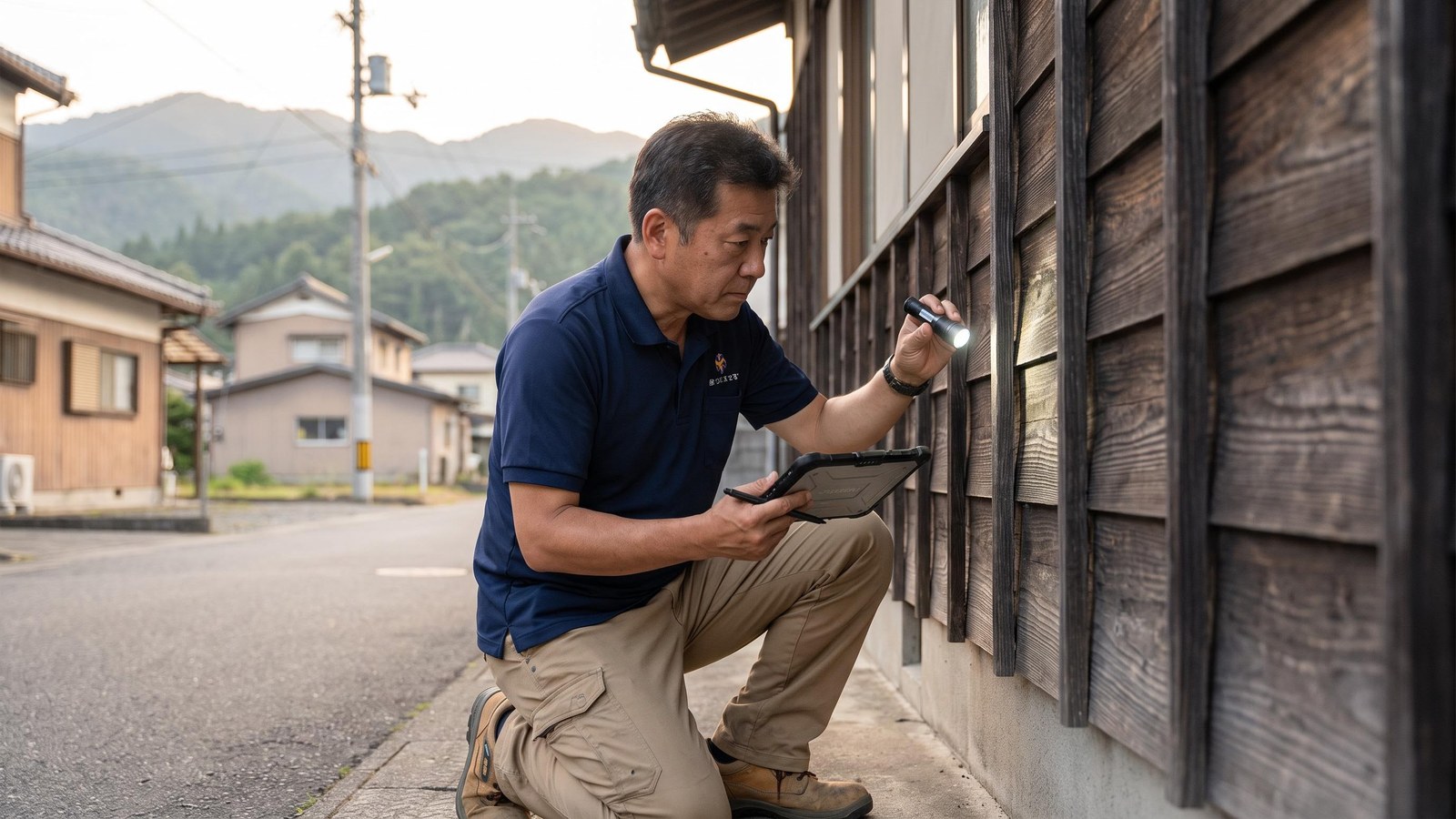 町田市・相模原市エリアで懐中電灯を使い目地を点検するスタッフ